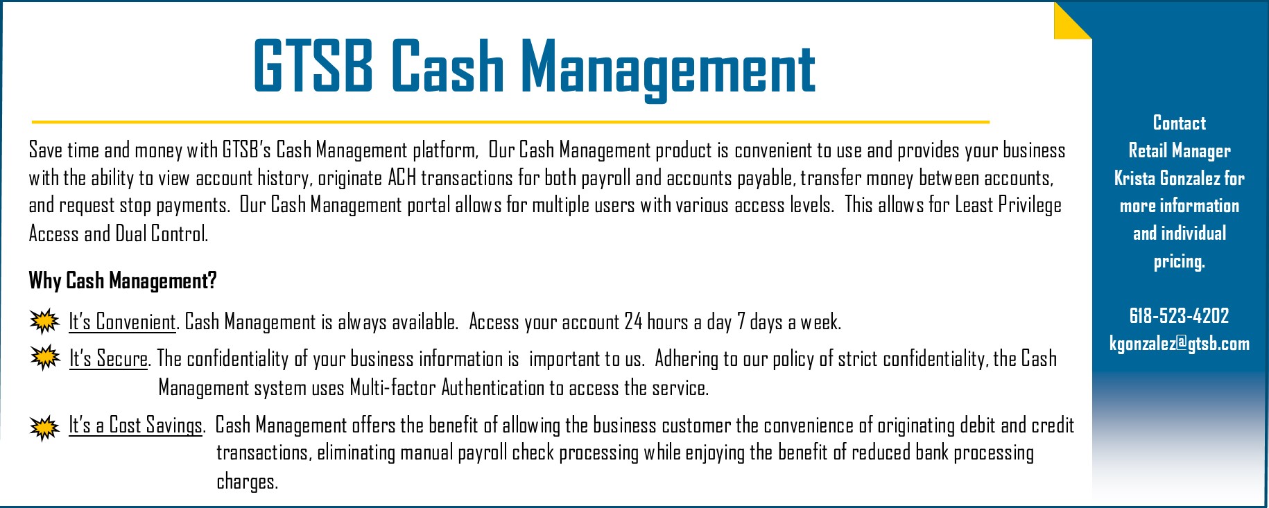 Contact us about GTSB Cash Management services for your business.