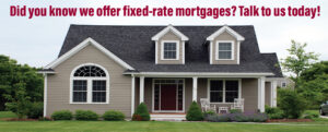 A suburban home with text promoting fixed-rate mortgage options from GTSB.