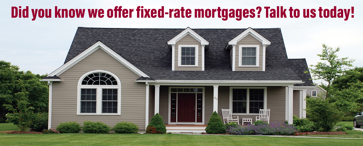 A suburban home with text promoting fixed-rate mortgage options from GTSB.
