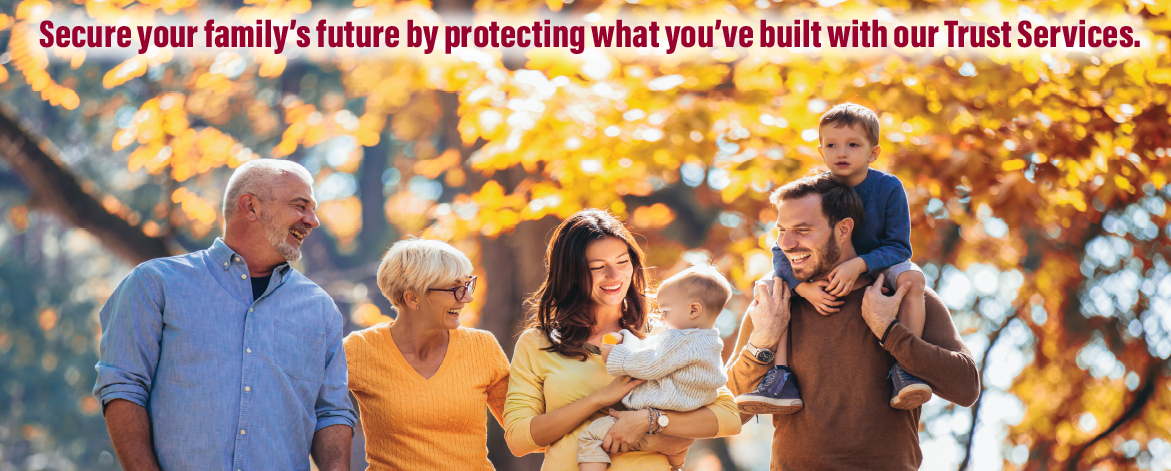 A multigenerational family enjoying a day outdoors in autumn, with text promoting GTSB's trust services.