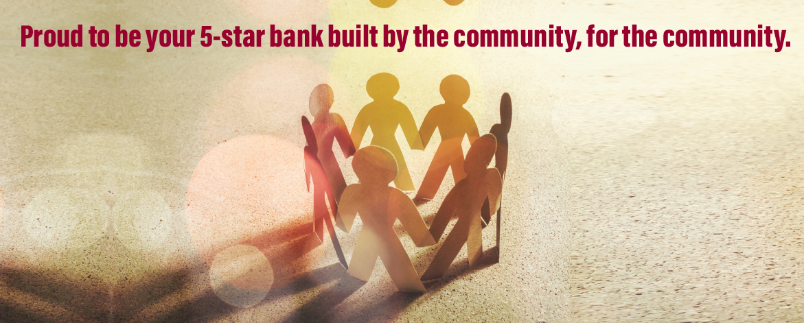Paper cutout figures in a circle representing community with text about GTSB's 5-star rating.