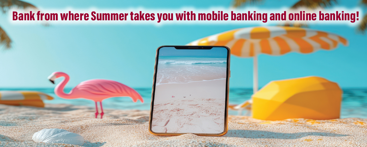Smartphone on a sandy beach showing a tropical ocean view, promoting mobile and online banking.