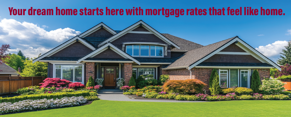 Charming two-story house with lush landscaping and clear skies, promoting mortgage options.