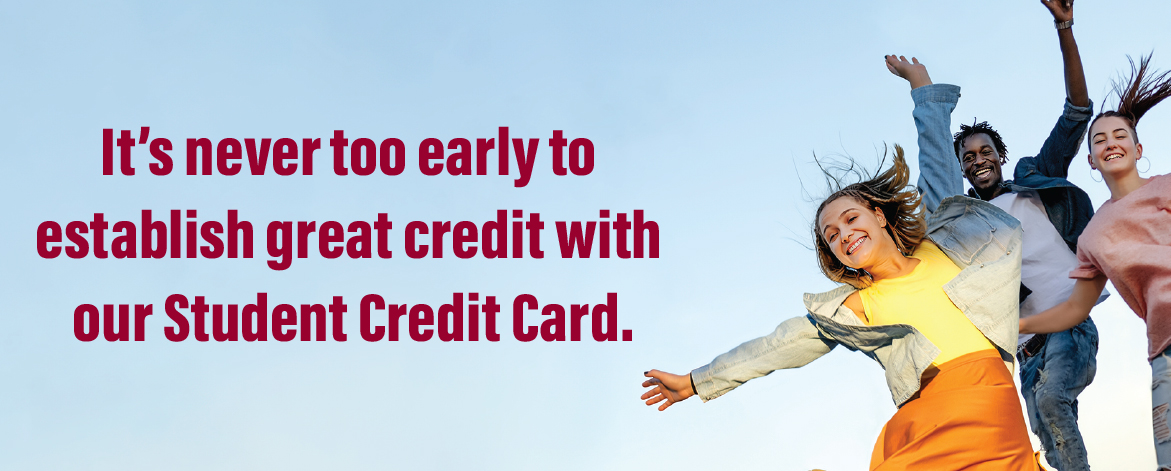 Group of excited students jumping with text promoting student credit card options.